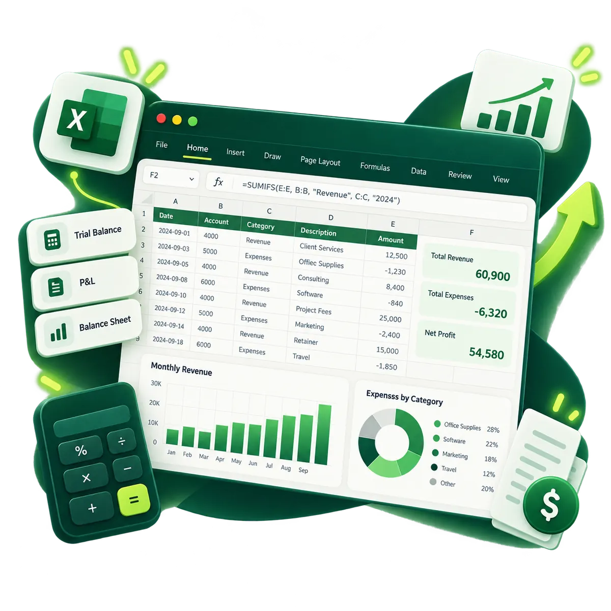 لوحة Excel محاسبية للتقارير والتحليل